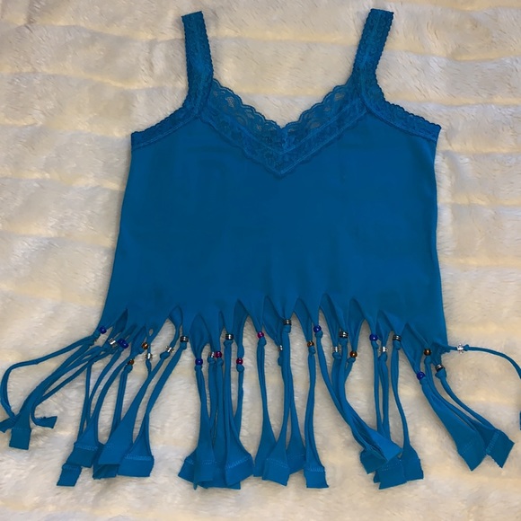 Hand beaded fringe turquoise teal tank top Upcycled and unique ooak  S M - Picture 4 of 12